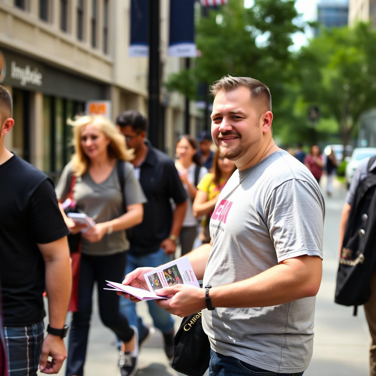 Street team handing flyers in a city